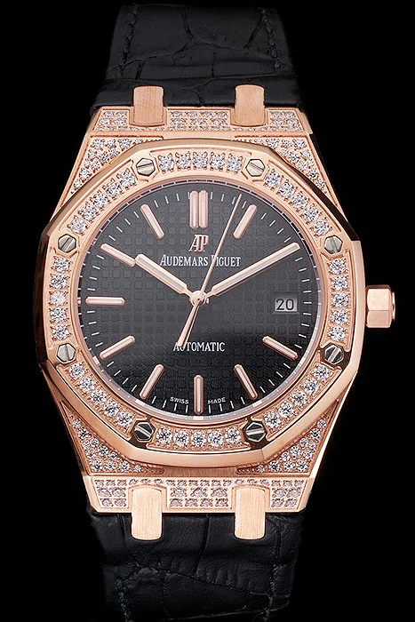 Audemars Piguet Royal Oak Black Dial Gold Case With Diamonds Black Leather Strap new121574