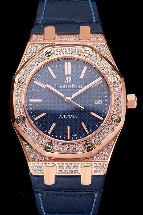 Audemars Piguet Royal Oak Blue Dial Gold Case With Diamonds Blue Leather Strap new121575