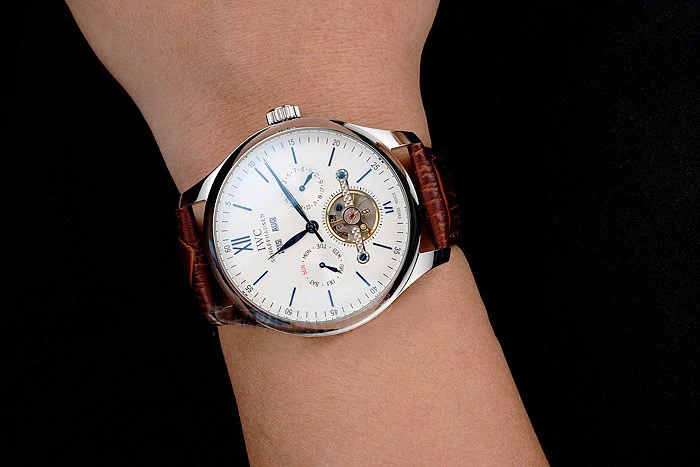 IWC Portofino Tourbillon White Dial Blue Markings Stainless Steel Case Brown Leather Strap new121917