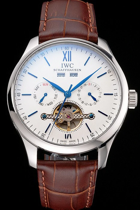 IWC Portofino Tourbillon White Dial Blue Markings Stainless Steel Case Brown Leather Strap new121917