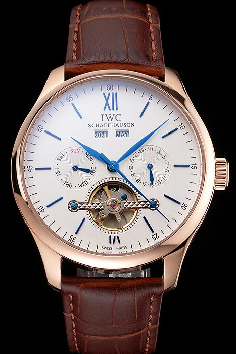 IWC Portofino Tourbillon White Dial Blue Markings Rose Gold Case Brown Leather Strap new121921