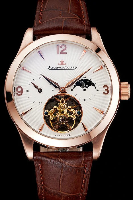 Jaeger LeCoultre Master Moonphase Tourbillon White Dial Rose Gold Case Brown Leather Strap new121932
