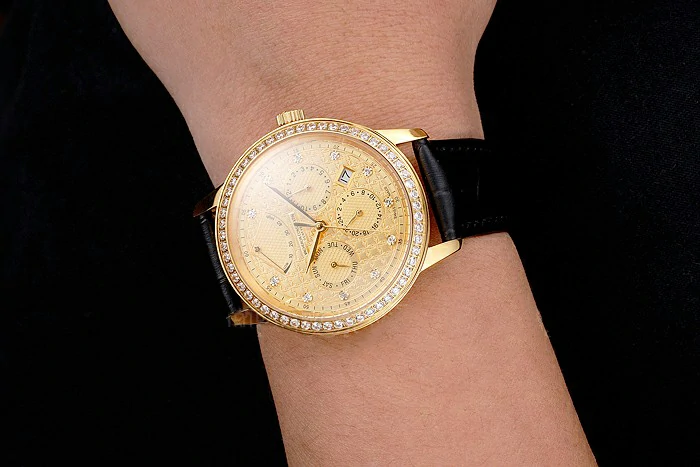 Vacheron Constantin Traditionnelle Power Reserve Gold Dial And Case Diamond Bezel Black Leather Strap new122014