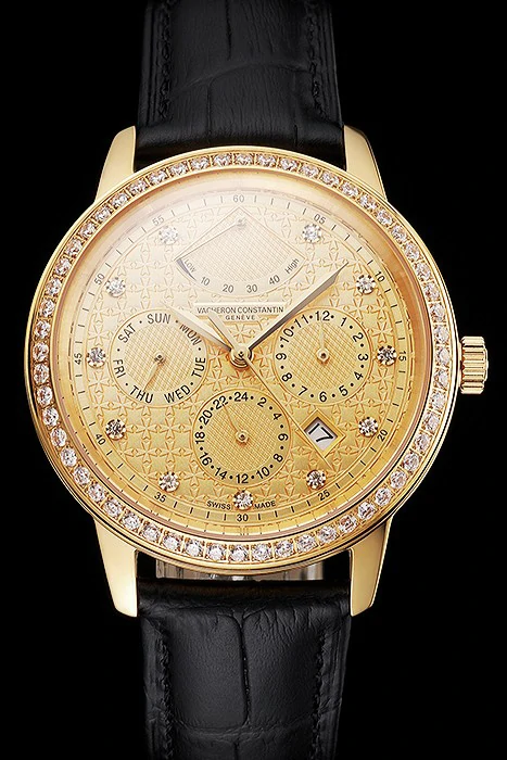Vacheron Constantin Traditionnelle Power Reserve Gold Dial And Case Diamond Bezel Black Leather Strap new122014