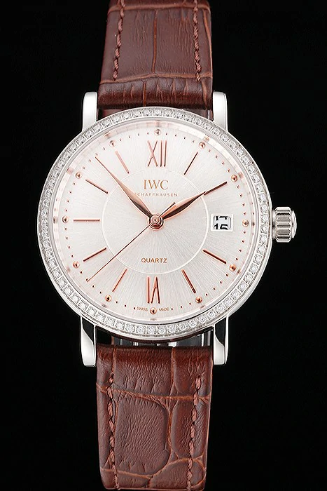 IWC Portofino Silver Dial Stainless Steel Case Diamonds Bezel Brown Leather Strap new122036