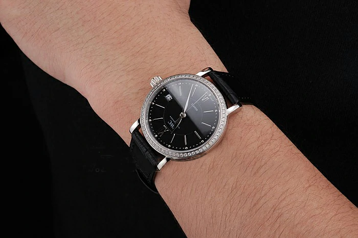 IWC Portofino Black Dial Stainless Steel Case Diamonds Bezel Black Leather Strap new122037