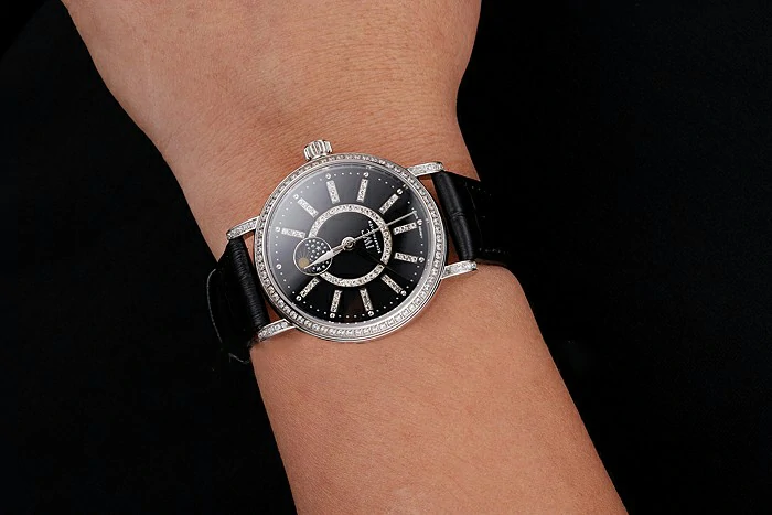 IWC Portofino Moon Phase Black Dial With Diamonds Stainless Steel Case Diamonds Bezel Black Leather Strap new122041