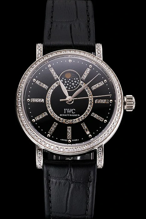 IWC Portofino Moon Phase Black Dial With Diamonds Stainless Steel Case Diamonds Bezel Black Leather Strap new122041