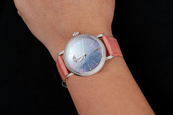 IWC Portofino Moon Phase Mother Of Pearl Dial Stainless Steel Case Diamonds Bezel Pink Leather Strap new122043