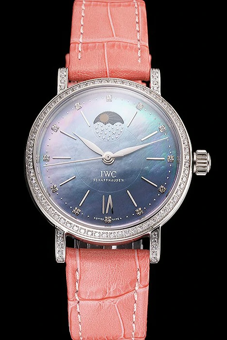 IWC Portofino Moon Phase Mother Of Pearl Dial Stainless Steel Case Diamonds Bezel Pink Leather Strap new122043