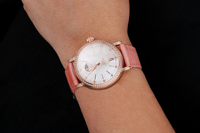 IWC Portofino Moon Phase Silver Dial Rose Gold Case Diamonds Bezel Pink Leather Strap new122044