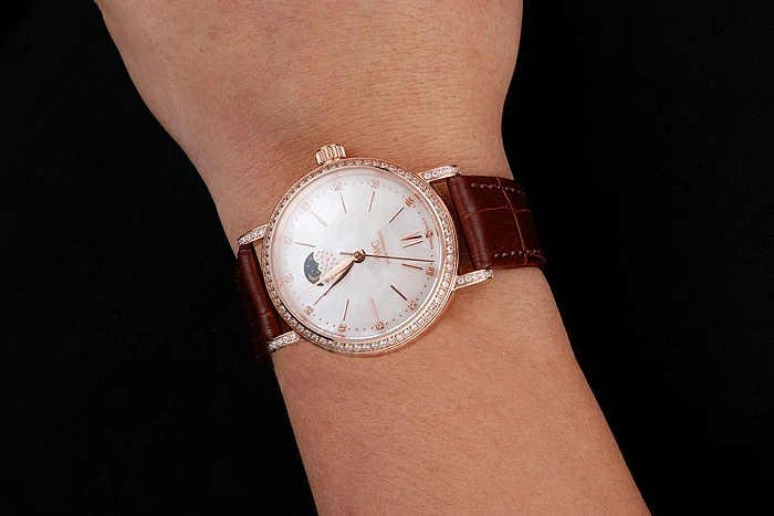 IWC Portofino Moon Phase Silver Dial Rose Gold Case Diamonds Bezel Brown Leather Strap new122045