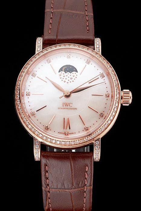IWC Portofino Moon Phase Silver Dial Rose Gold Case Diamonds Bezel Brown Leather Strap new122045
