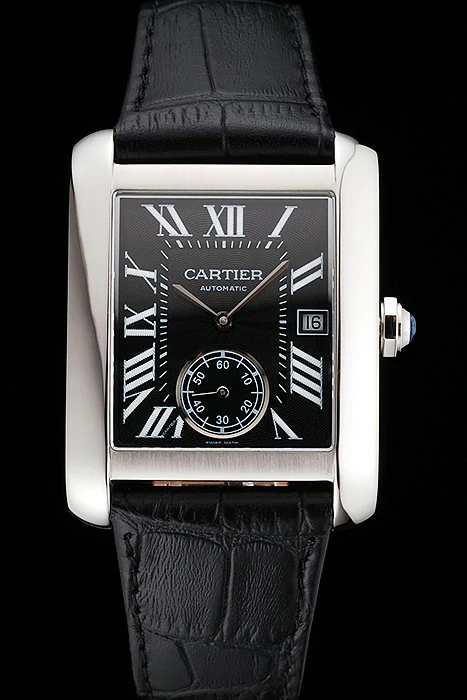 Cartier Tank MC Black Dial Stainless Steel Case Black Leather Strap new122139