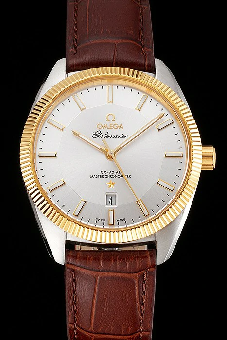 Omega Globemaster Silver Dial Gold Bezel Stainless Steel Case Brown Leather Strap new122239