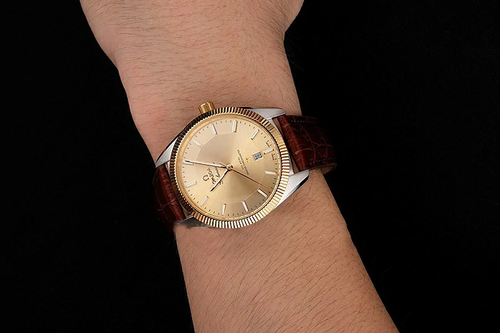 Omega Globemaster Gold Dial And Bezel Stainless Steel Case Brown Leather Strap new122240