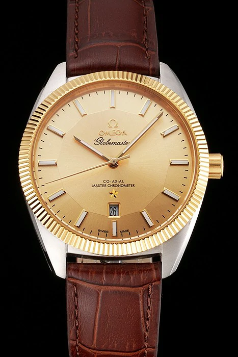 Omega Globemaster Gold Dial And Bezel Stainless Steel Case Brown Leather Strap new122240