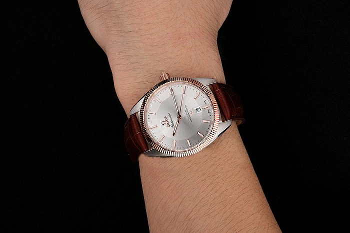 Omega Globemaster Silver Dial Rose Gold Bezel Stainless Steel Case Brown Leather Strap new122241
