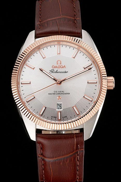 Omega Globemaster Silver Dial Rose Gold Bezel Stainless Steel Case Brown Leather Strap new122241