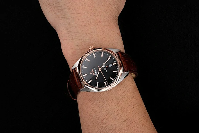 Omega Globemaster Black Dial Rose Gold Bezel Stainless Steel Case Brown Leather Strap new122242