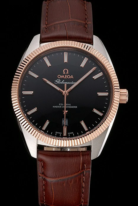Omega Globemaster Black Dial Rose Gold Bezel Stainless Steel Case Brown Leather Strap new122242