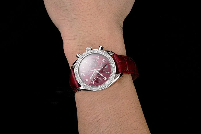 Omega Speedmaster Burgundy Dial Stainless Steel Case Diamond Bezel Burgundy Leather Strap new122461