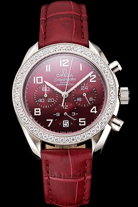 Omega Speedmaster Burgundy Dial Stainless Steel Case Diamond Bezel Burgundy Leather Strap new122461