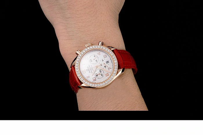 Omega Speedmaster White Dial Rose Gold Case Diamond Bezel Red Leather Strap new122462
