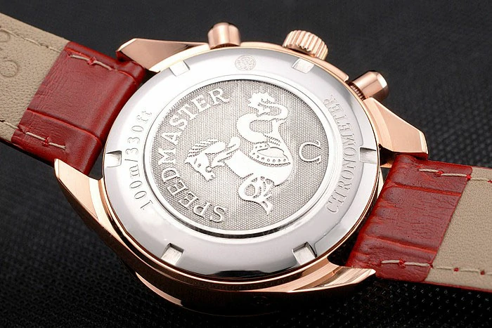 Omega Speedmaster White Dial Rose Gold Case Diamond Bezel Red Leather Strap new122462