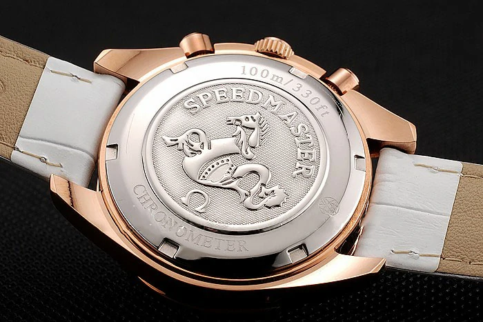 Omega Speedmaster White Dial Rose Gold Case Diamond Bezel White Leather Strap new122463