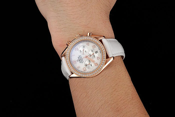Omega Speedmaster White Dial Rose Gold Case Diamond Bezel White Leather Strap new122463