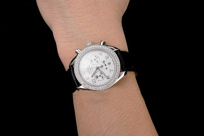 Omega Speedmaster White Dial Stainless Steel Case Diamond Bezel Black Leather Strap new122464