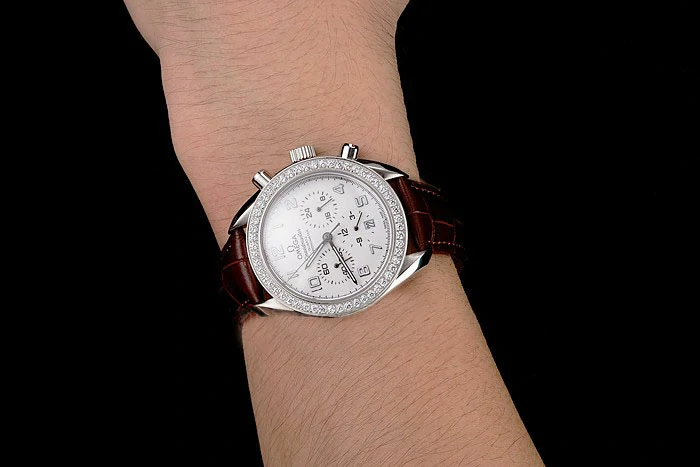 Omega Speedmaster White Dial Stainless Steel Case Diamond Bezel Brown Leather Strap new122465