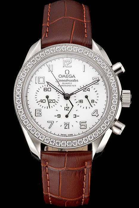 Omega Speedmaster White Dial Stainless Steel Case Diamond Bezel Brown Leather Strap new122465