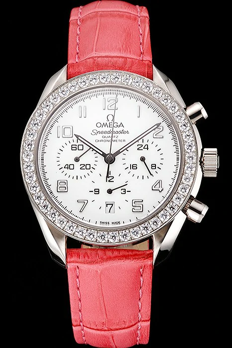 Omega Speedmaster White Dial Stainless Steel Case Diamond Bezel Pink Leather Strap new122466