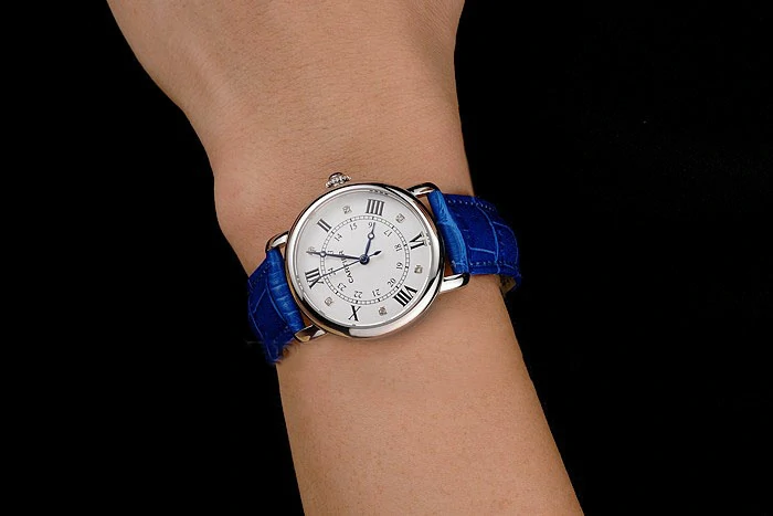 Cartier Ronde White Dial Diamond Hour Marks Stainless Steel Case Blue Leather Strap new122570