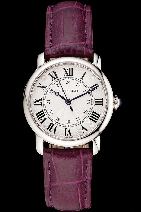 Cartier Ronde White Dial Stainless Steel Case Purple Leather Strap new122571