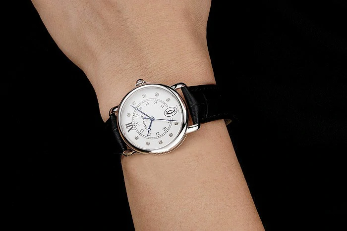 Cartier Ronde White Dial Diamond Hour Marks Stainless Steel Case Black Leather Strap new122572