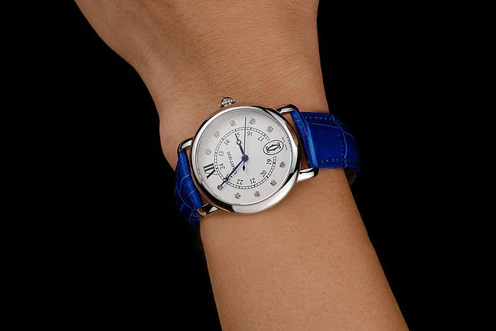 Cartier Ronde White Dial Diamond Hour Marks Stainless Steel Case Blue Leather Strap new122573