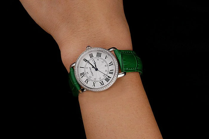 Cartier Ronde White Dial Diamond Bezel Stainless Steel Case Green Leather Strap new122574