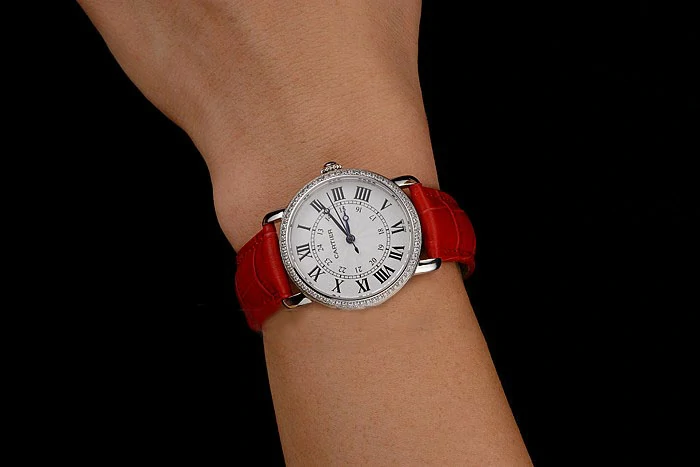 Cartier Ronde White Dial Diamond Bezel Stainless Steel Case Red Leather Strap new122575