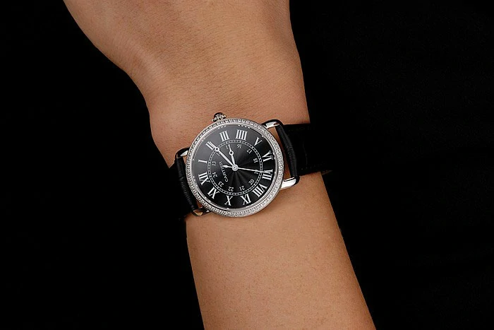Cartier Ronde Black Dial Diamond Bezel Stainless Steel Case Black Leather Strap new122577