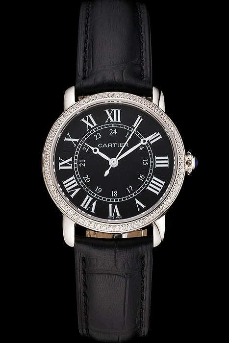 Cartier Ronde Black Dial Diamond Bezel Stainless Steel Case Black Leather Strap new122577