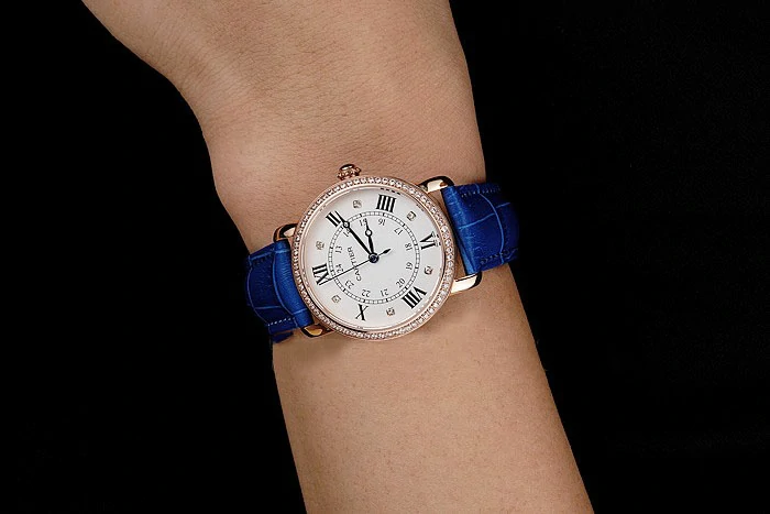 Cartier Ronde White Dial Diamond Bezel Rose Gold Case Blue Leather Strap new122578