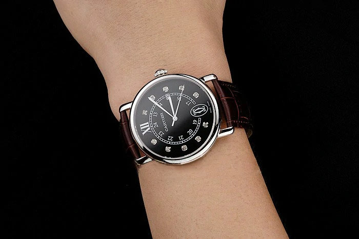 Cartier Ronde Solo Black Dial Diamond Hour Marks Stainless Steel Case Brown Leather Strap new122579