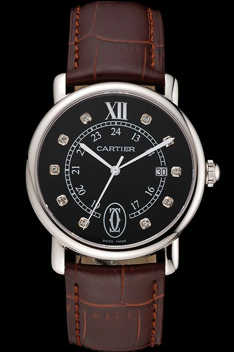 Cartier Ronde Solo Black Dial Diamond Hour Marks Stainless Steel Case Brown Leather Strap new122579
