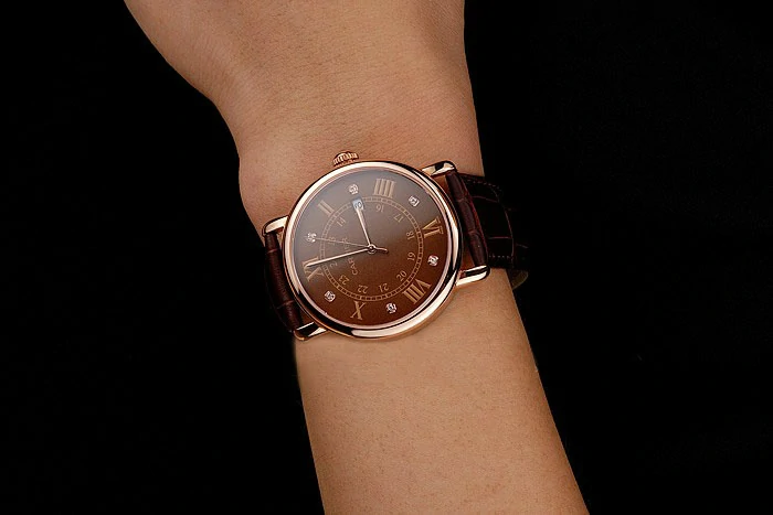 Cartier Ronde Solo Brown Dial Diamond Hour Marks Rose Gold Case Brown Leather Strap new122583