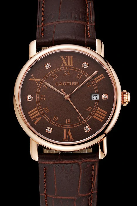 Cartier Ronde Solo Brown Dial Diamond Hour Marks Rose Gold Case Brown Leather Strap new122583