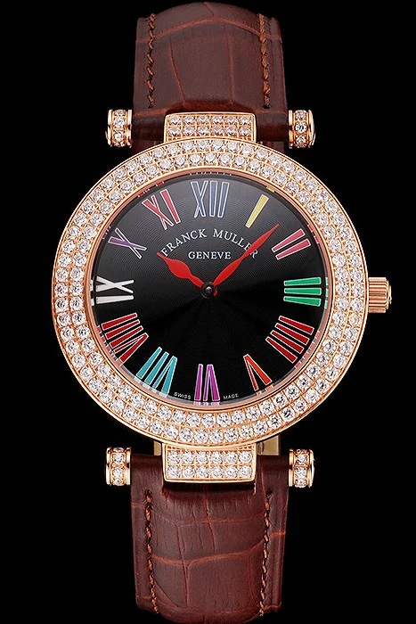 Franck Muller Double Mistery Ronde Black Dial Rose Gold Case Brown Leather Strap new122593