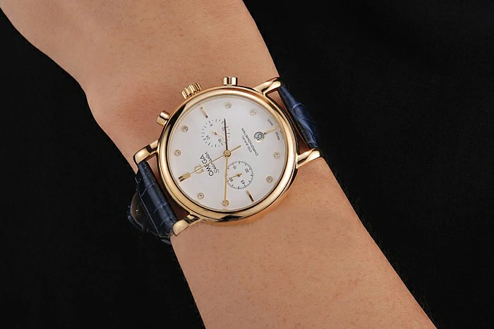 Omega Seamaster Vintage Chronograph White Dial Diamond Hour Marks Gold Case Blue Leather Strap new122597